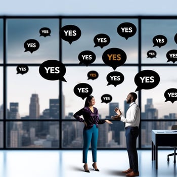 two people talking with yes text bubbles around them