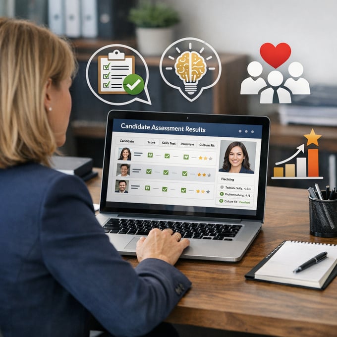HR leader reviewing structured hiring assessment results and candidate profiles on a laptop in a professional office with icons representing assessmen