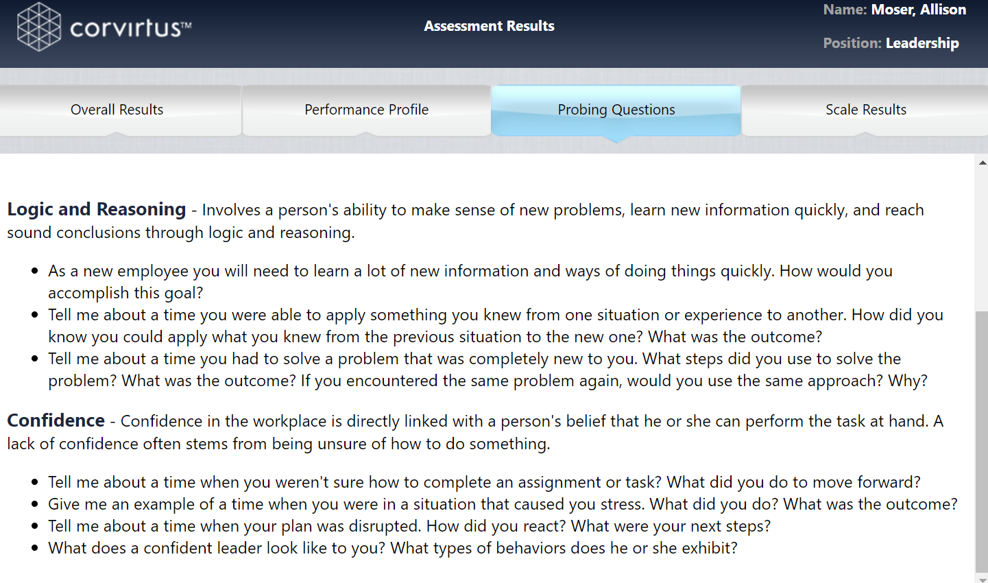 Corvirtus Probing Questions Results