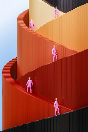 Figures walking up stairs