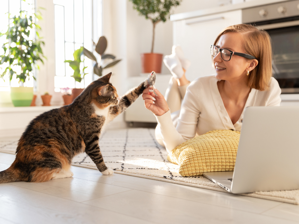Woman working with cat excited about data (and her cat)