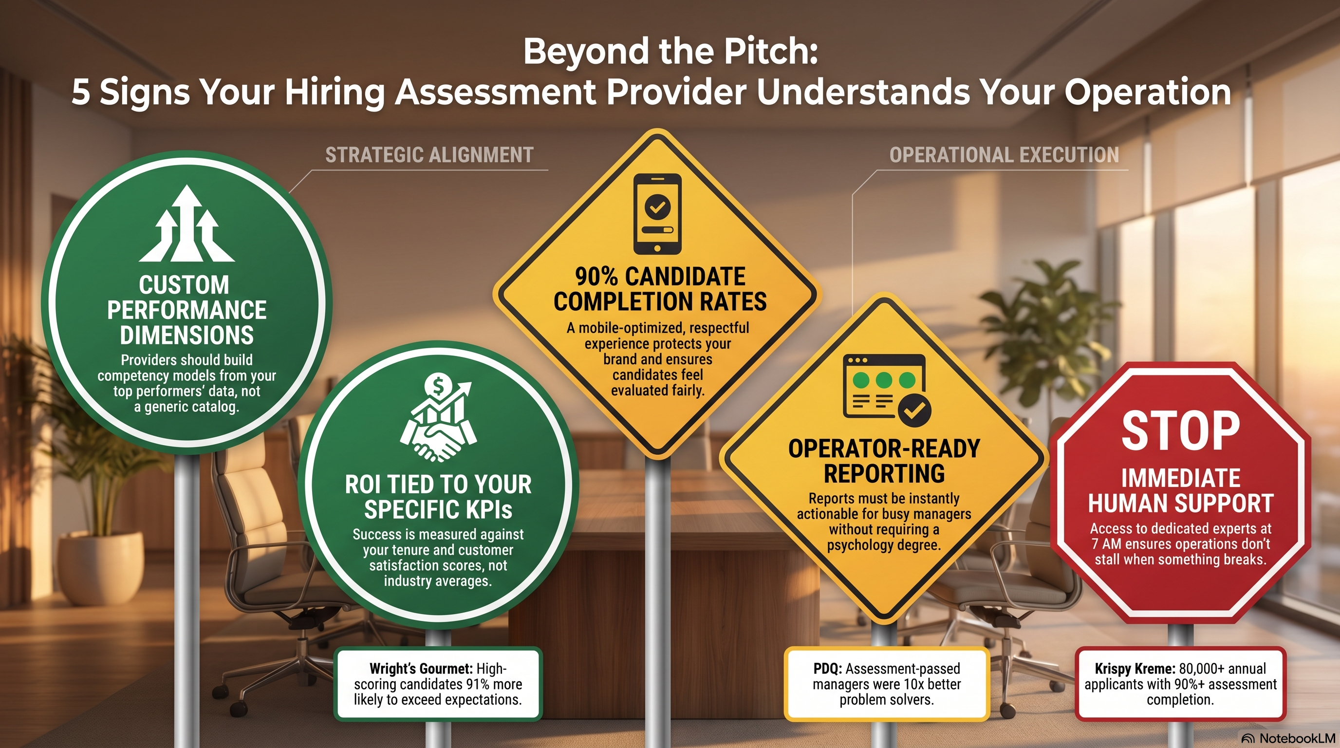 A road in Corvirtus brand colors passes five highway signs — built for you, candidate experience, your ROI, usable reports, real support — toward the right hiring-assessments partner.