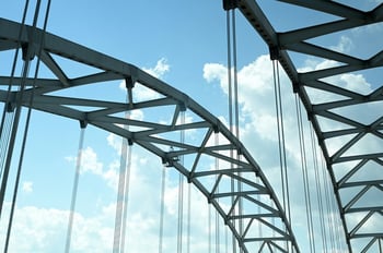 Steel arch bridge trusses against a blue sky, each beam joined into one frame that carries the load