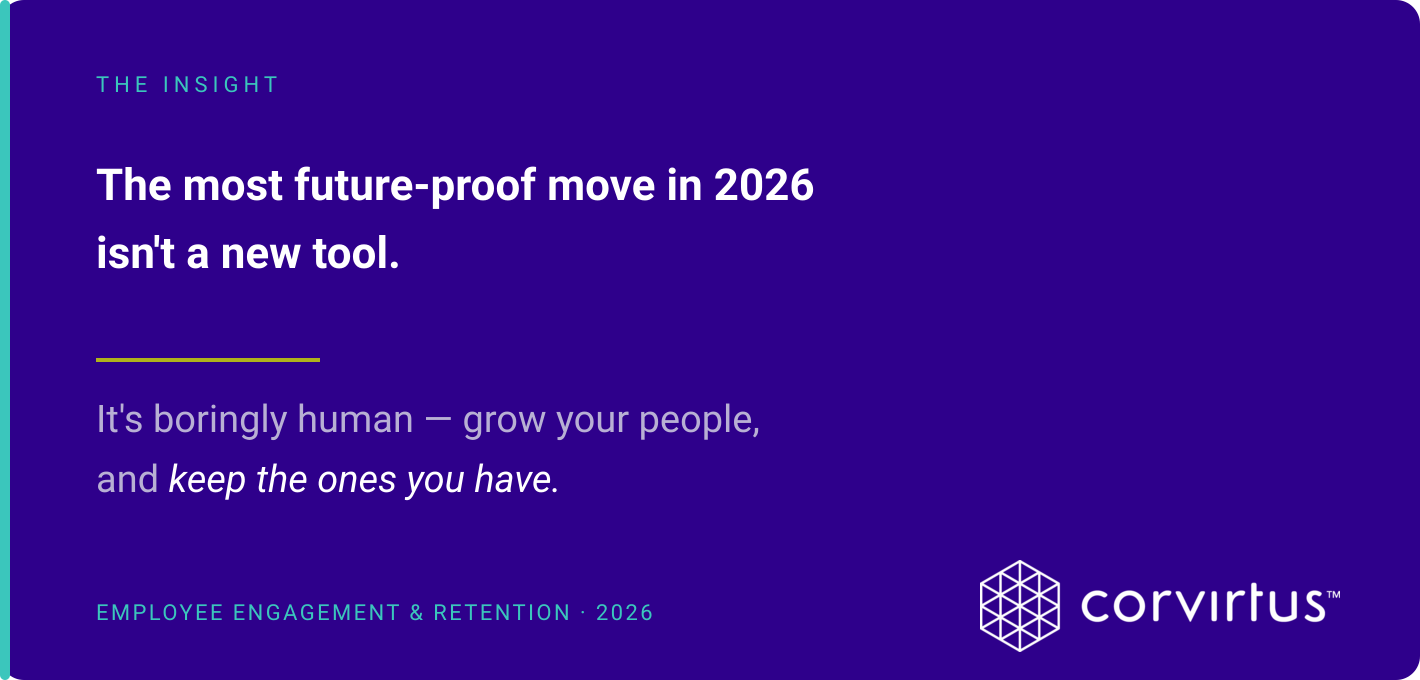 Corvirtus quote: “The most future-proof move in 2026 isn’t a new tool. It’s boringly human — grow your people, and keep the ones you have.”